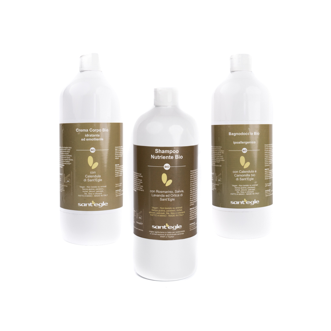 Trio Shampoo, Soap, Body Cream with organic E.V.O. oil, all each 1 L 